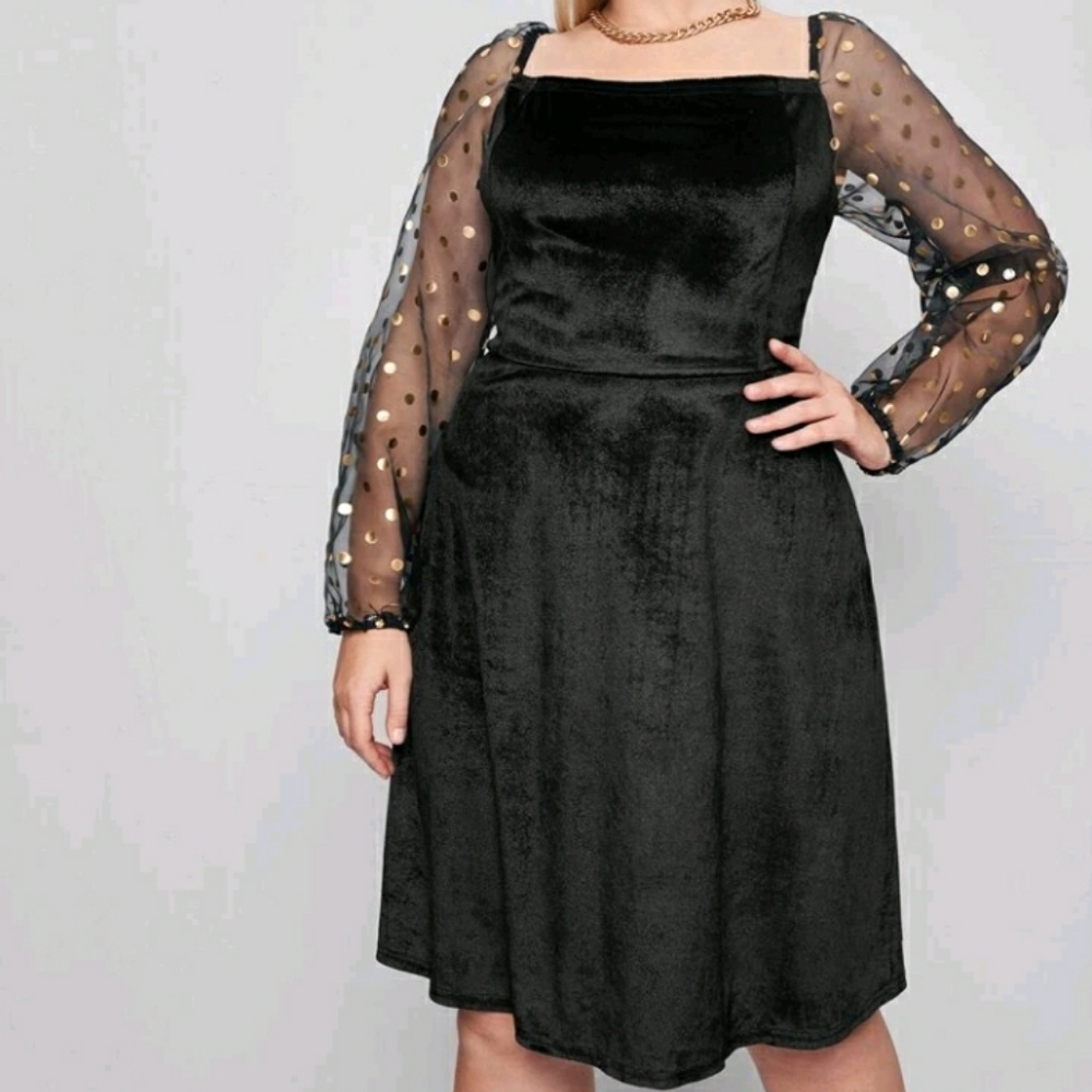 #12 Brand New Plus Black and Gold Mesh Velvet Dress - Picture 5 of 6